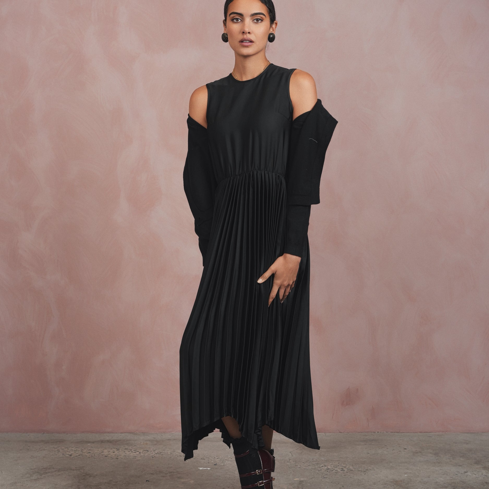 Pleated High-Low Sleeveless Dress