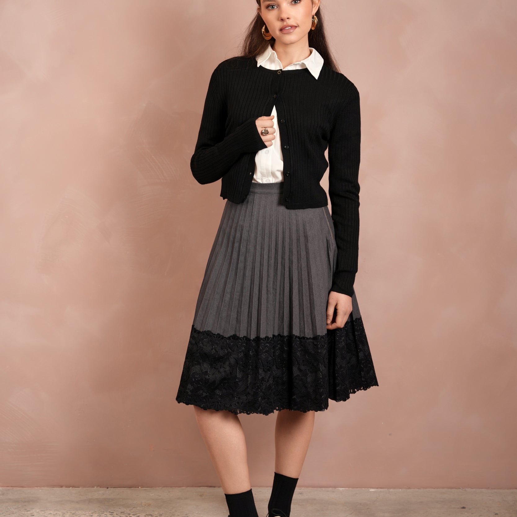 Lace Pleated Denim Skirt