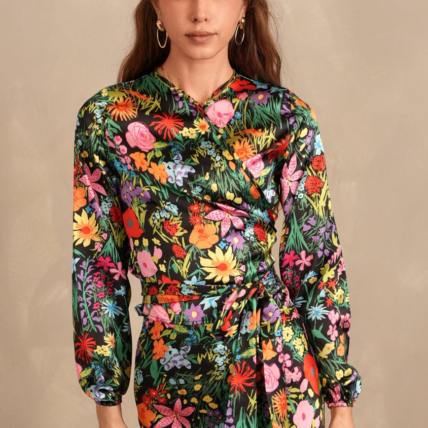 Print Satin Wrap Top