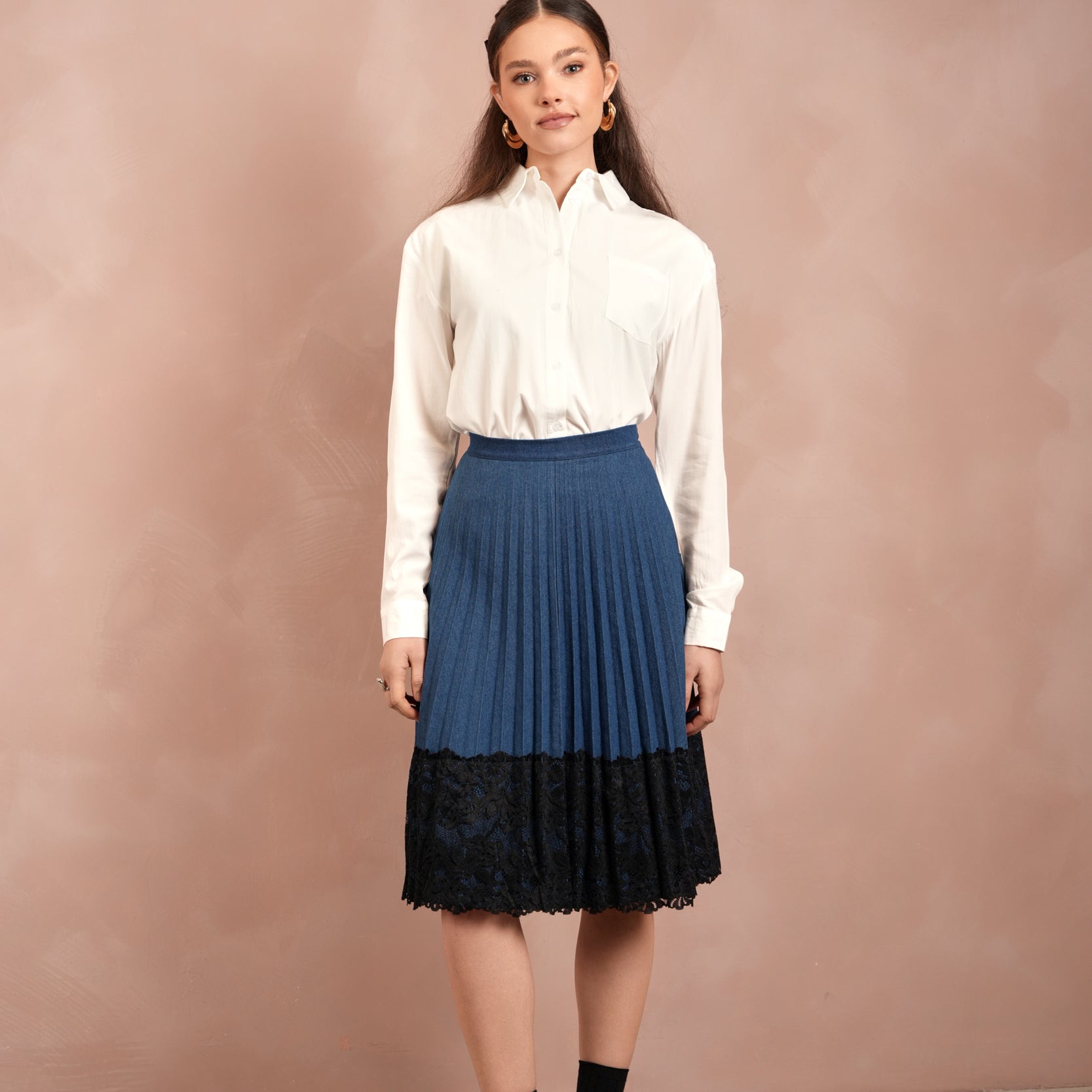 Lace Pleated Denim Skirt