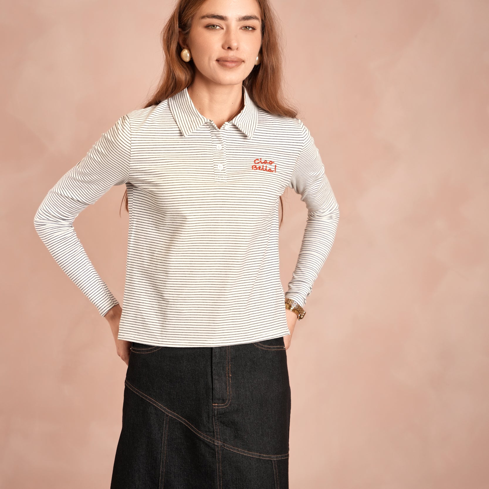 Striped Polo Semi Crop Tee