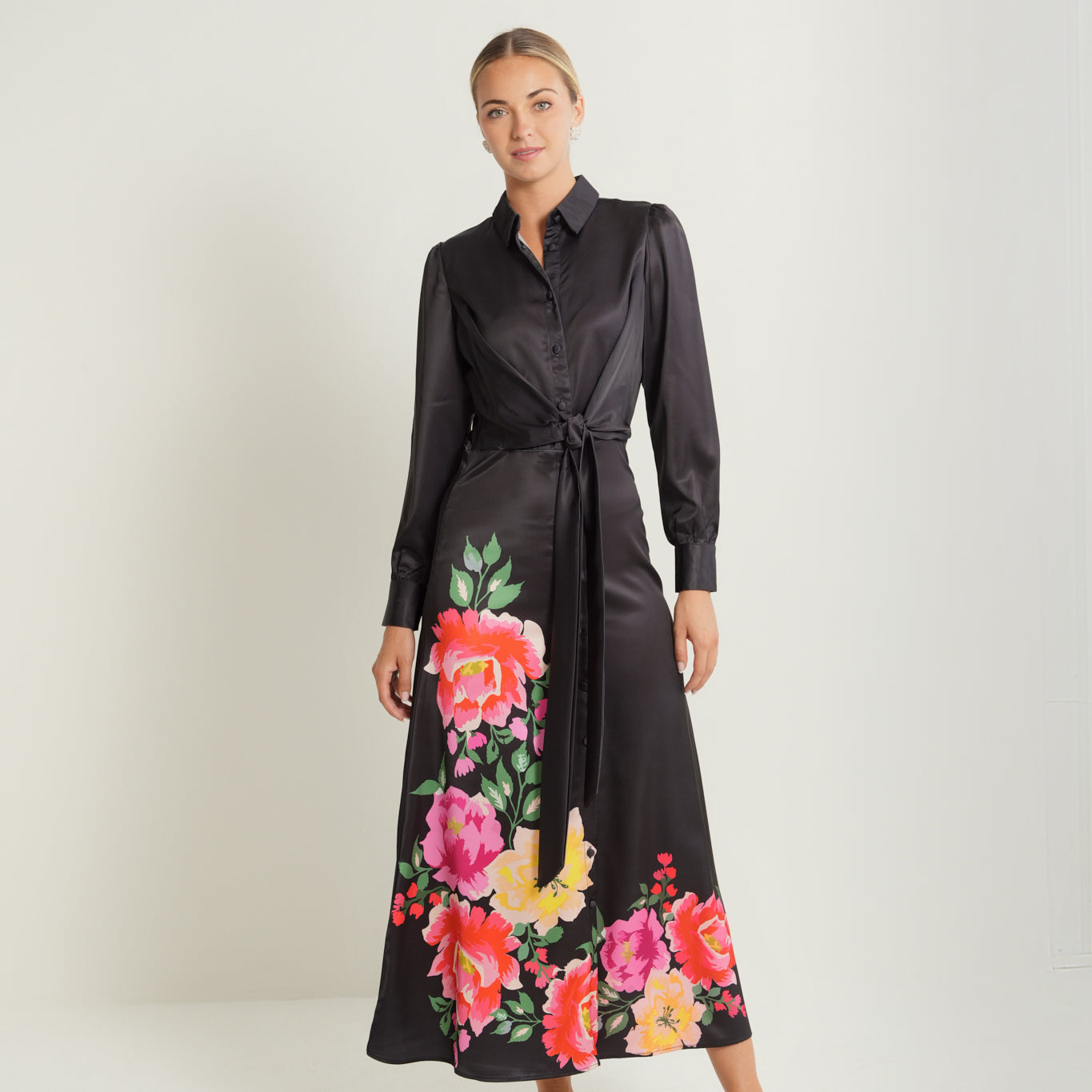 Floral Placement Satin Dress