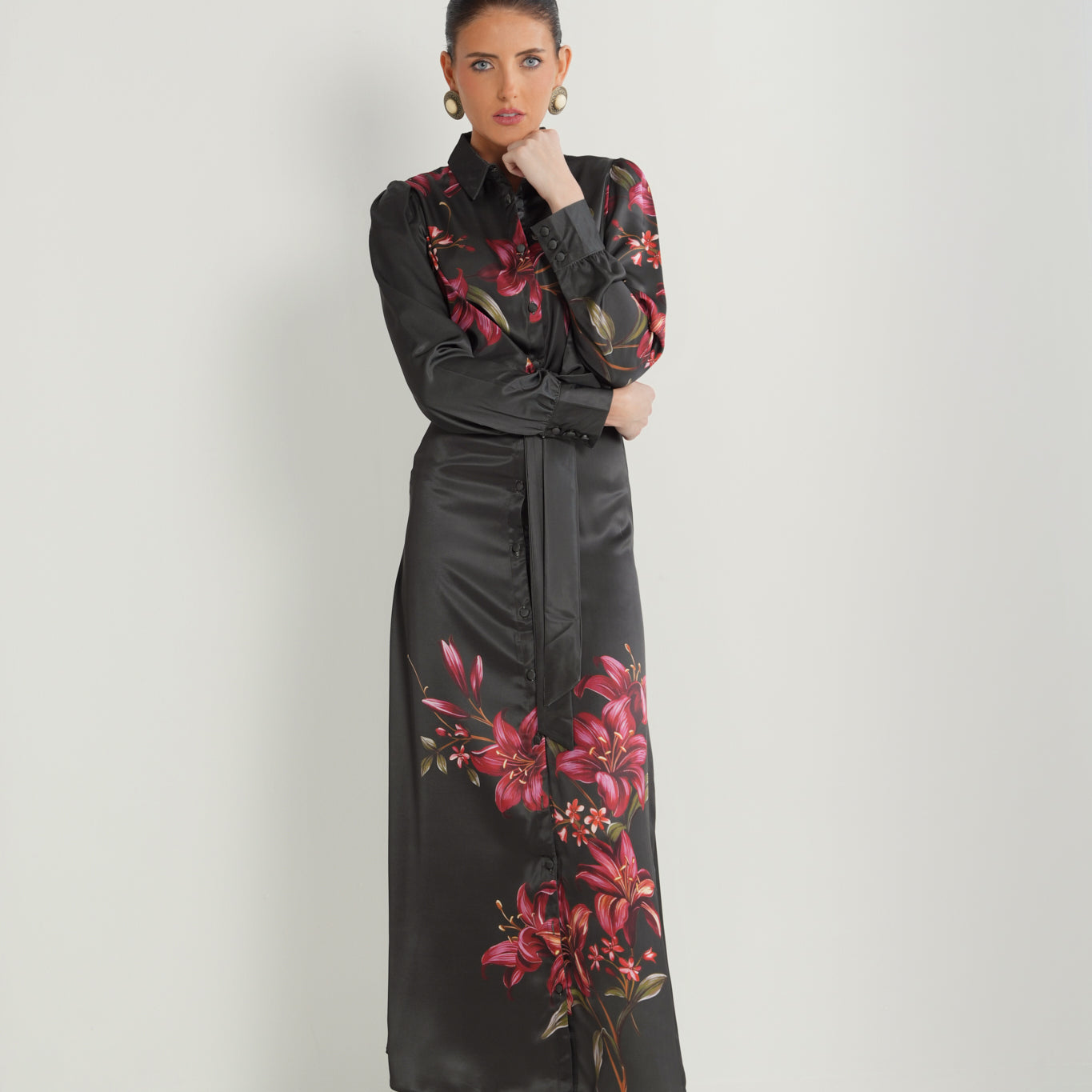 Floral Placement Satin Dress