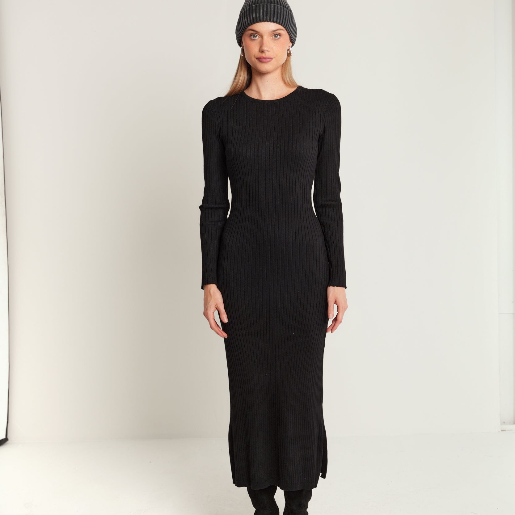 Wide Rib Knit Long Sleeve Dress
