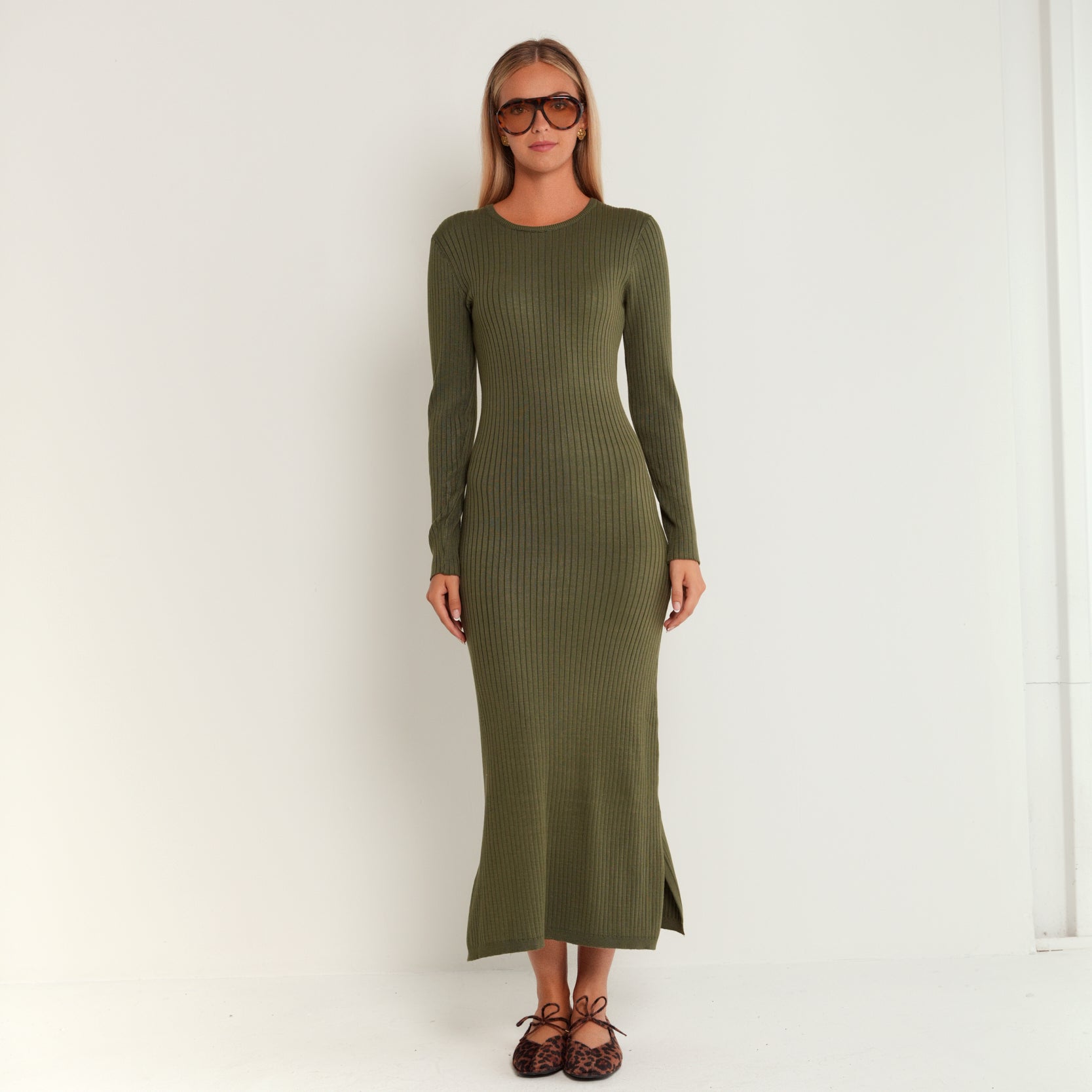 Wide Rib Knit Long Sleeve Dress