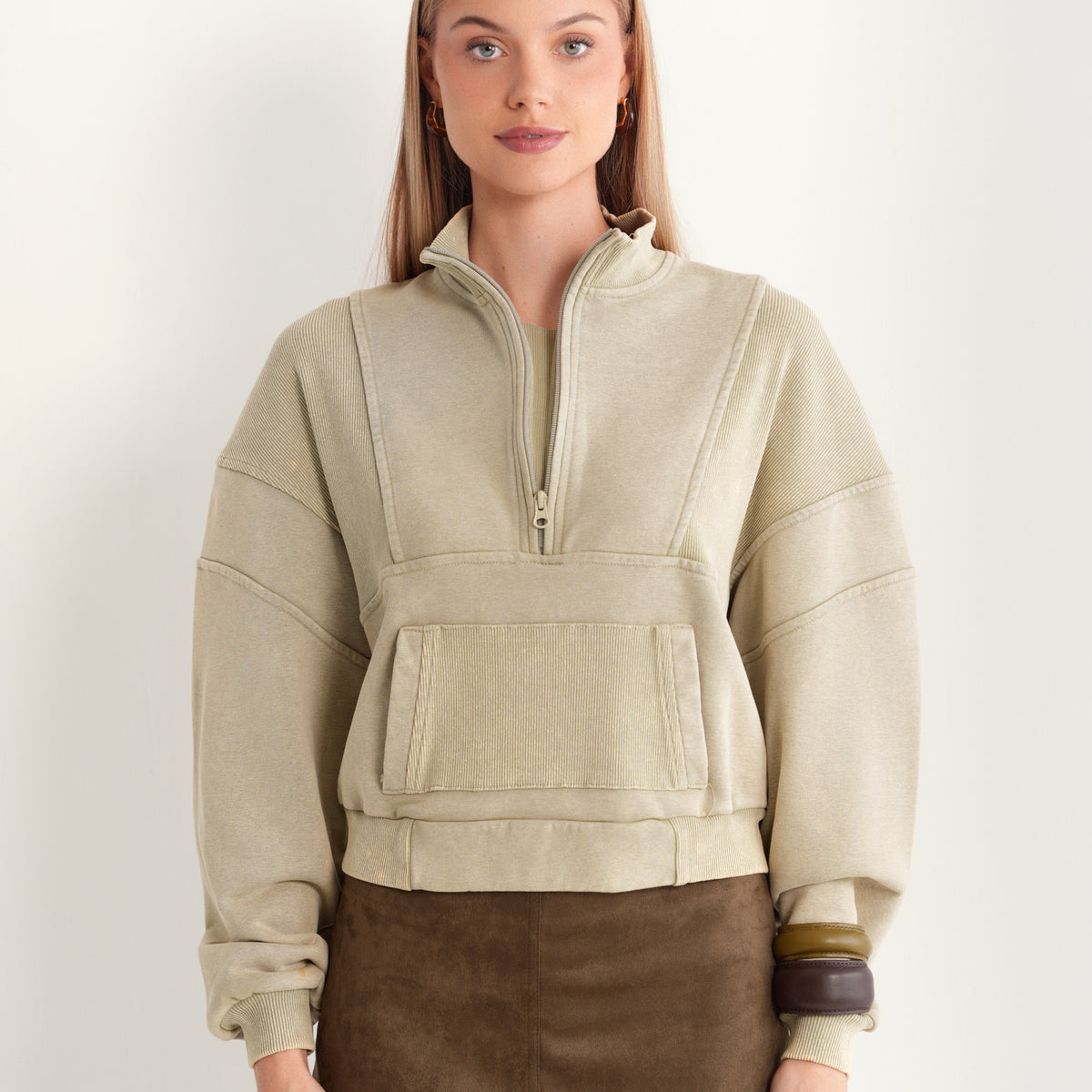 Wash Oversized Half Zip Semi Cropped Sweater