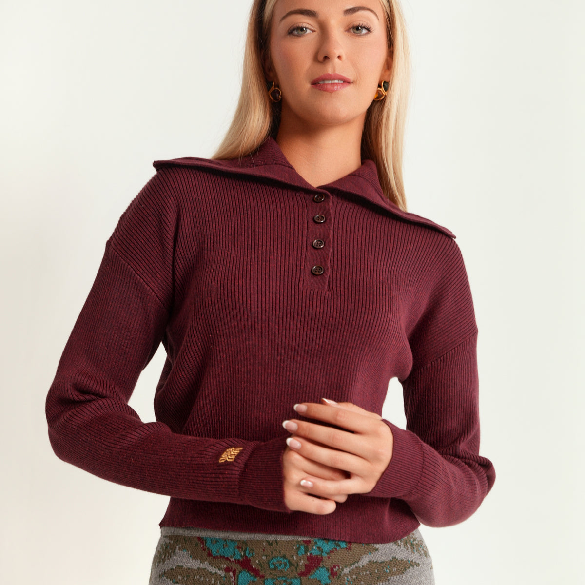 Rib Knit Button High Neck Sweater