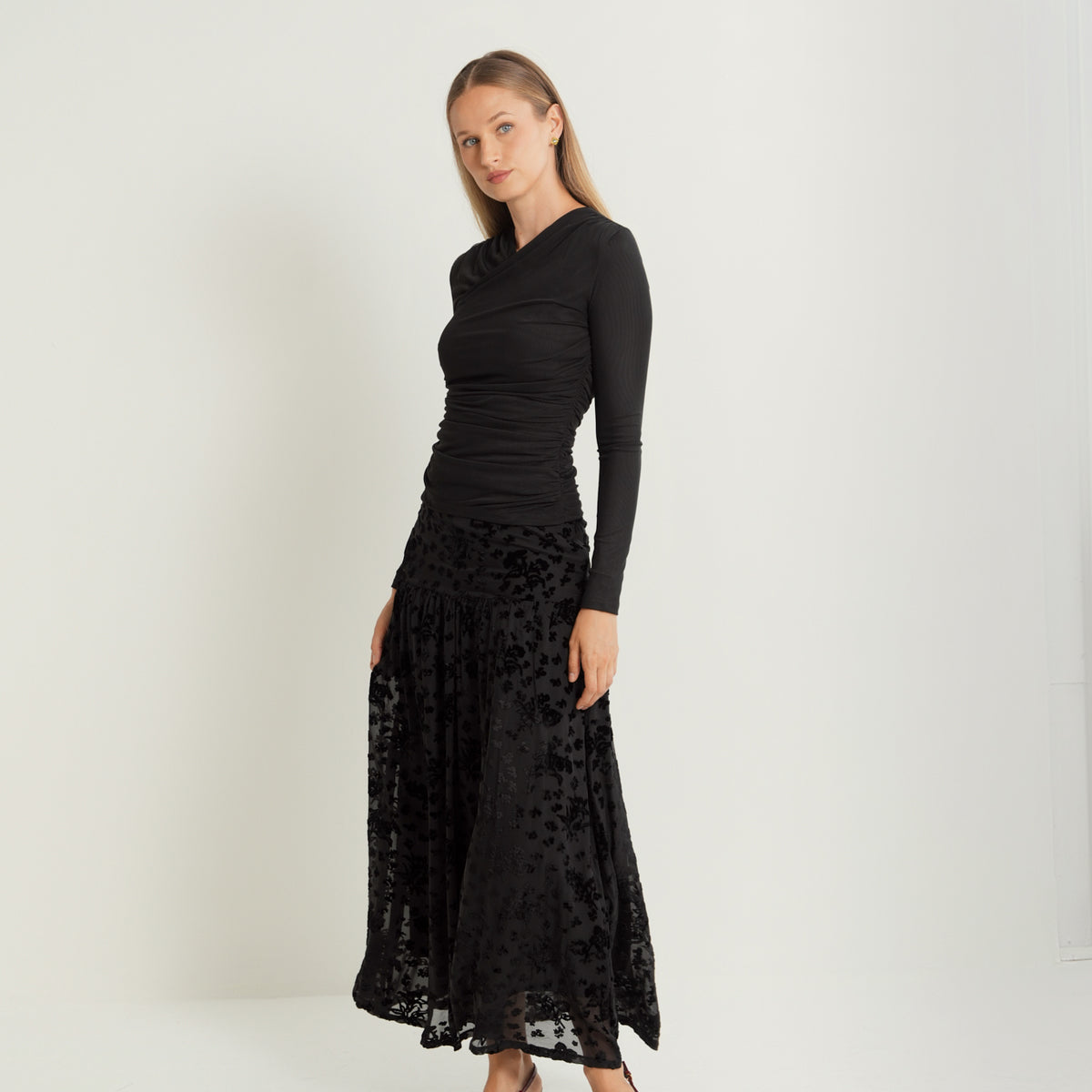 Floral Printed Cut Velvet Skirt