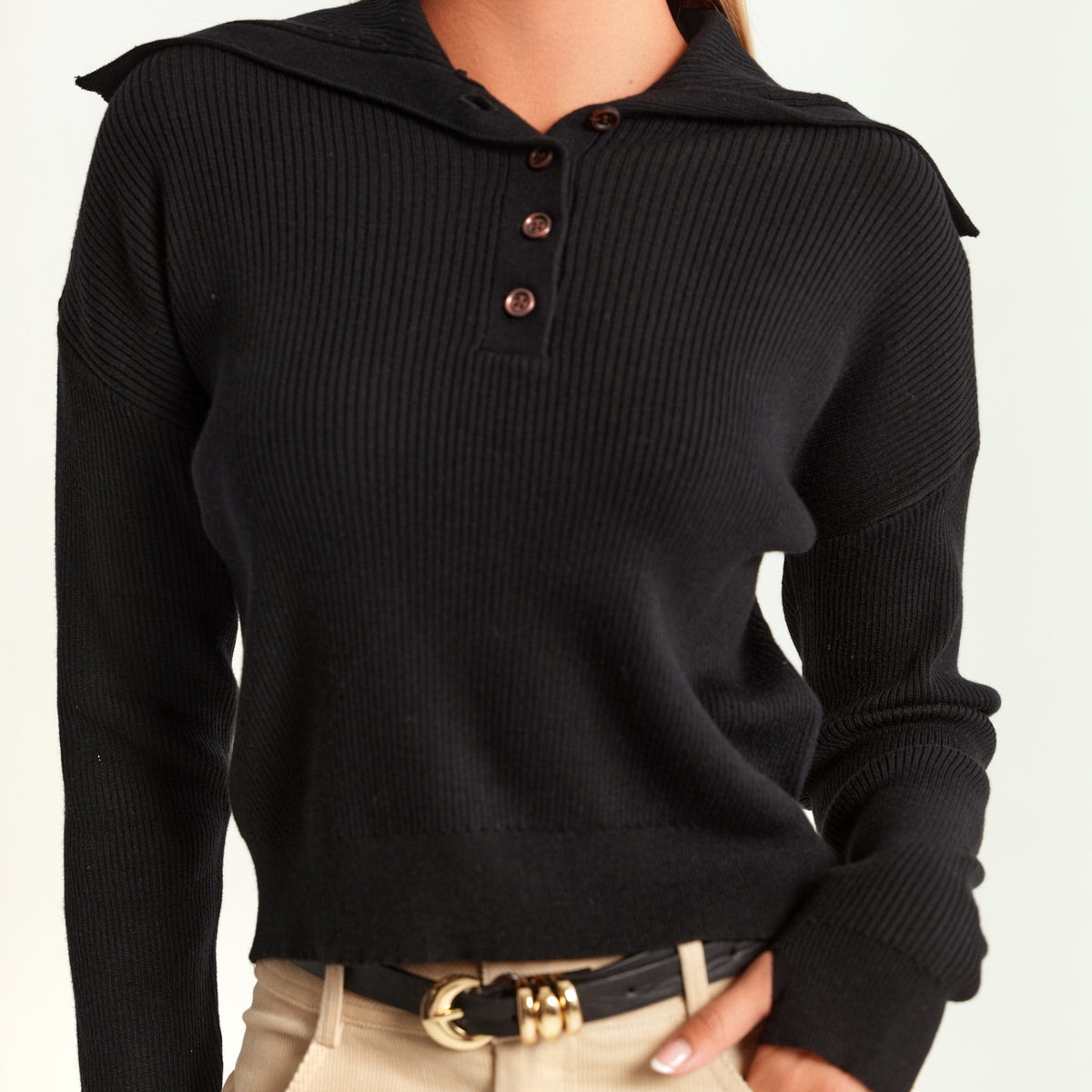 Rib Knit Button High Neck Sweater
