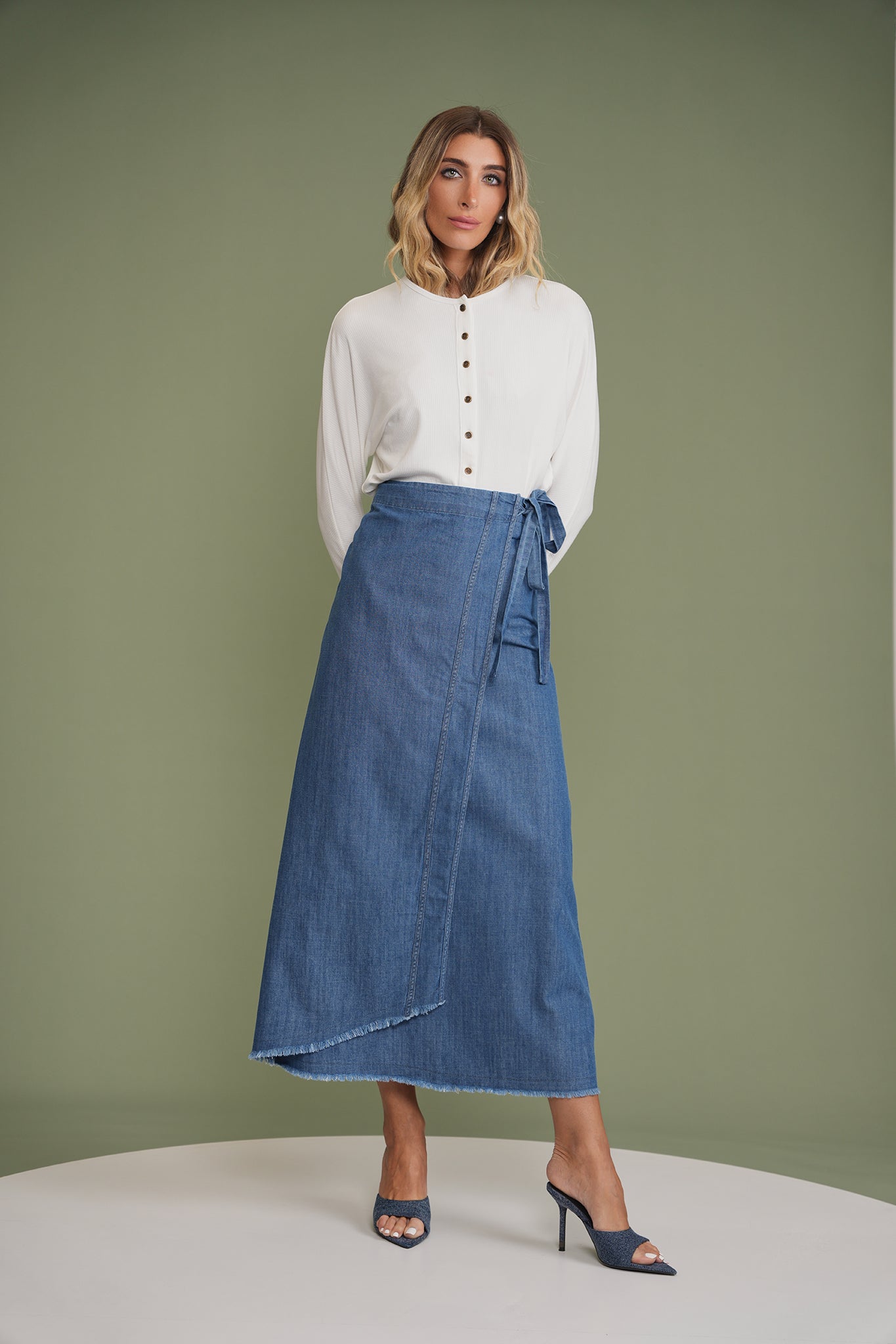 Mock Wrap Denim Skirt