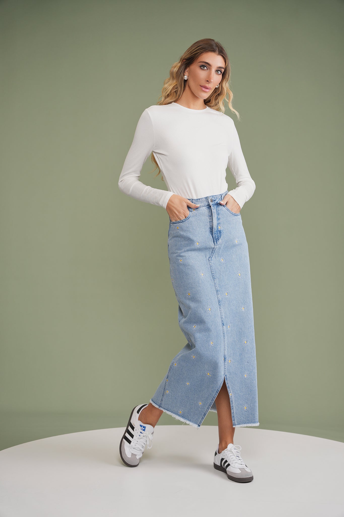Print Denim Skirt With Slit – udelny.com