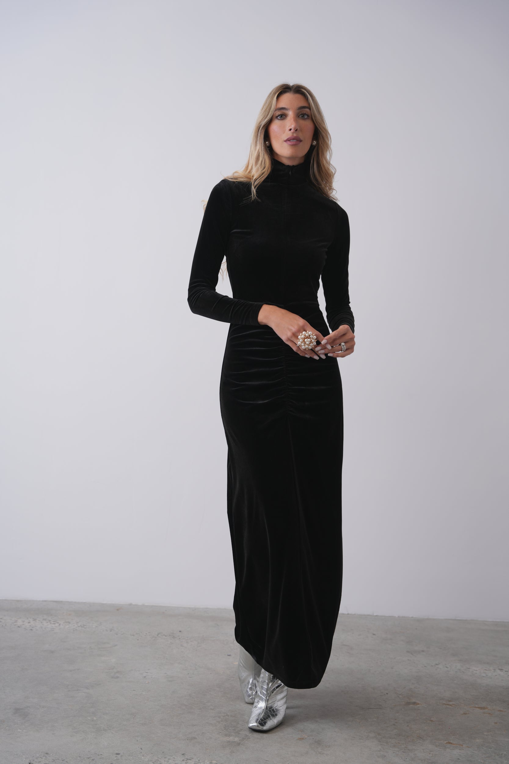 Draped Skirt Faux Wrap Velvet Maxi Bridesmaid Dress In