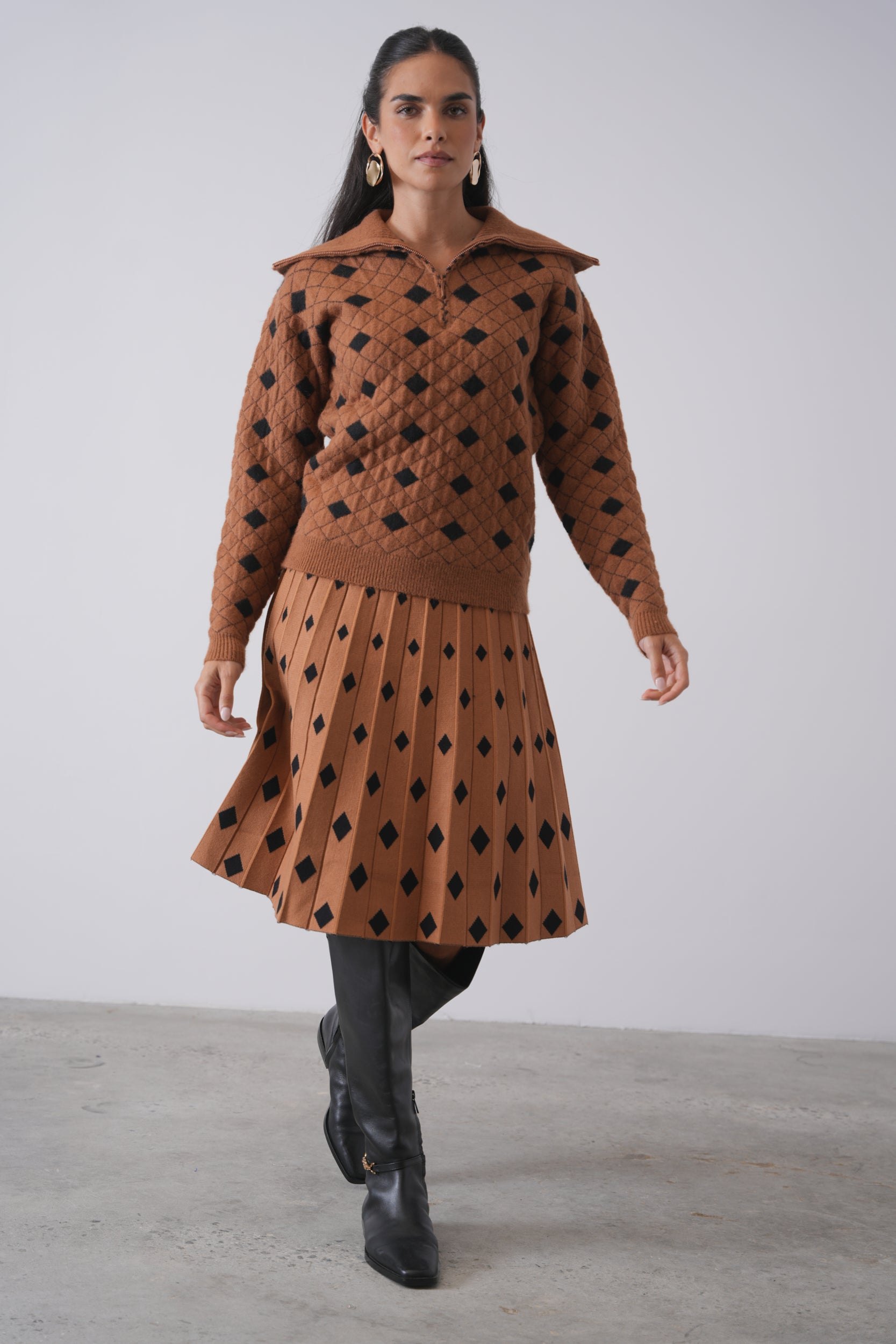 Print Half Knit Zip Top