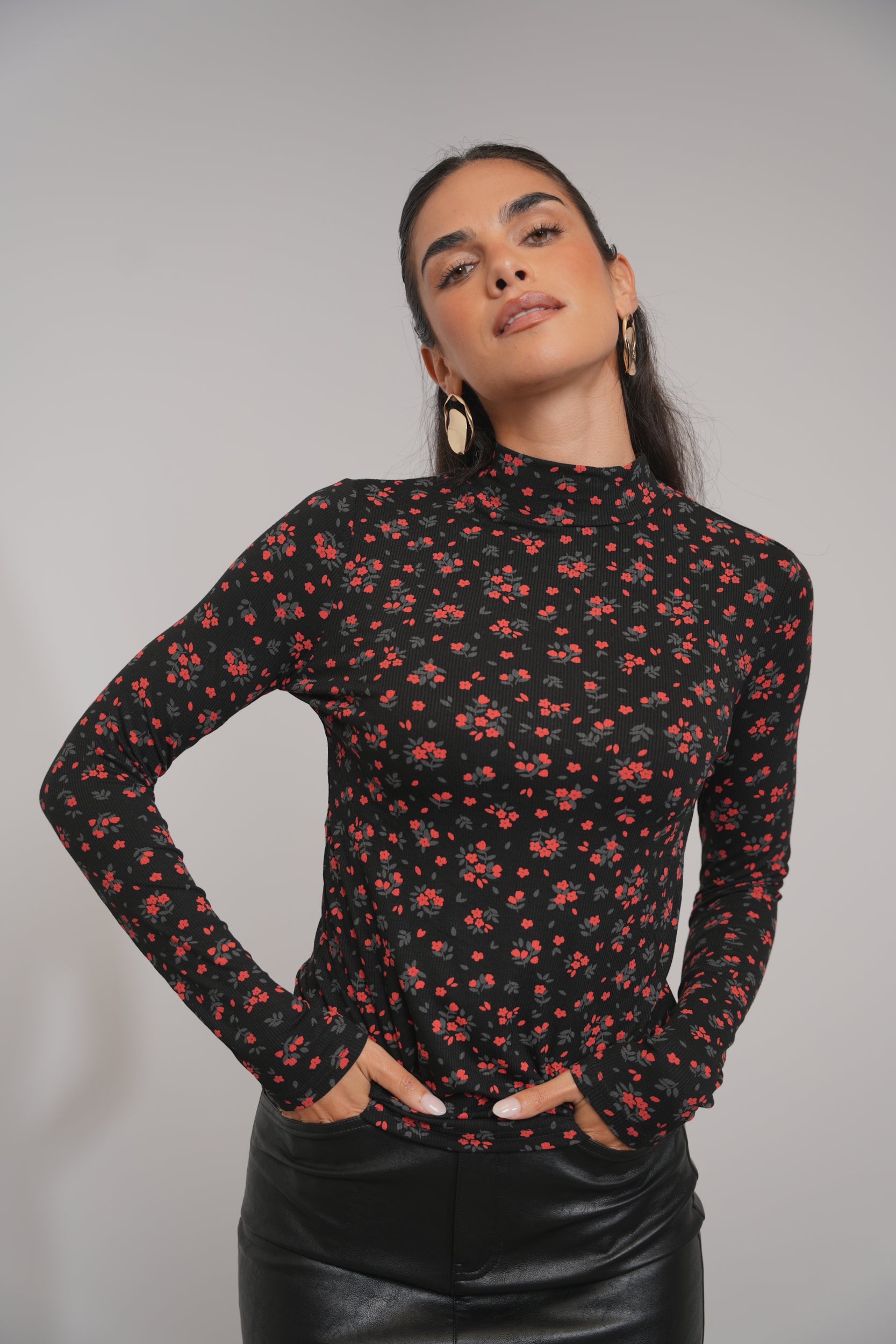 Mock Neck Print Rib Top – udelny.com