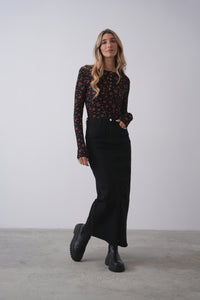 Stretch Denim Skirt With Slit