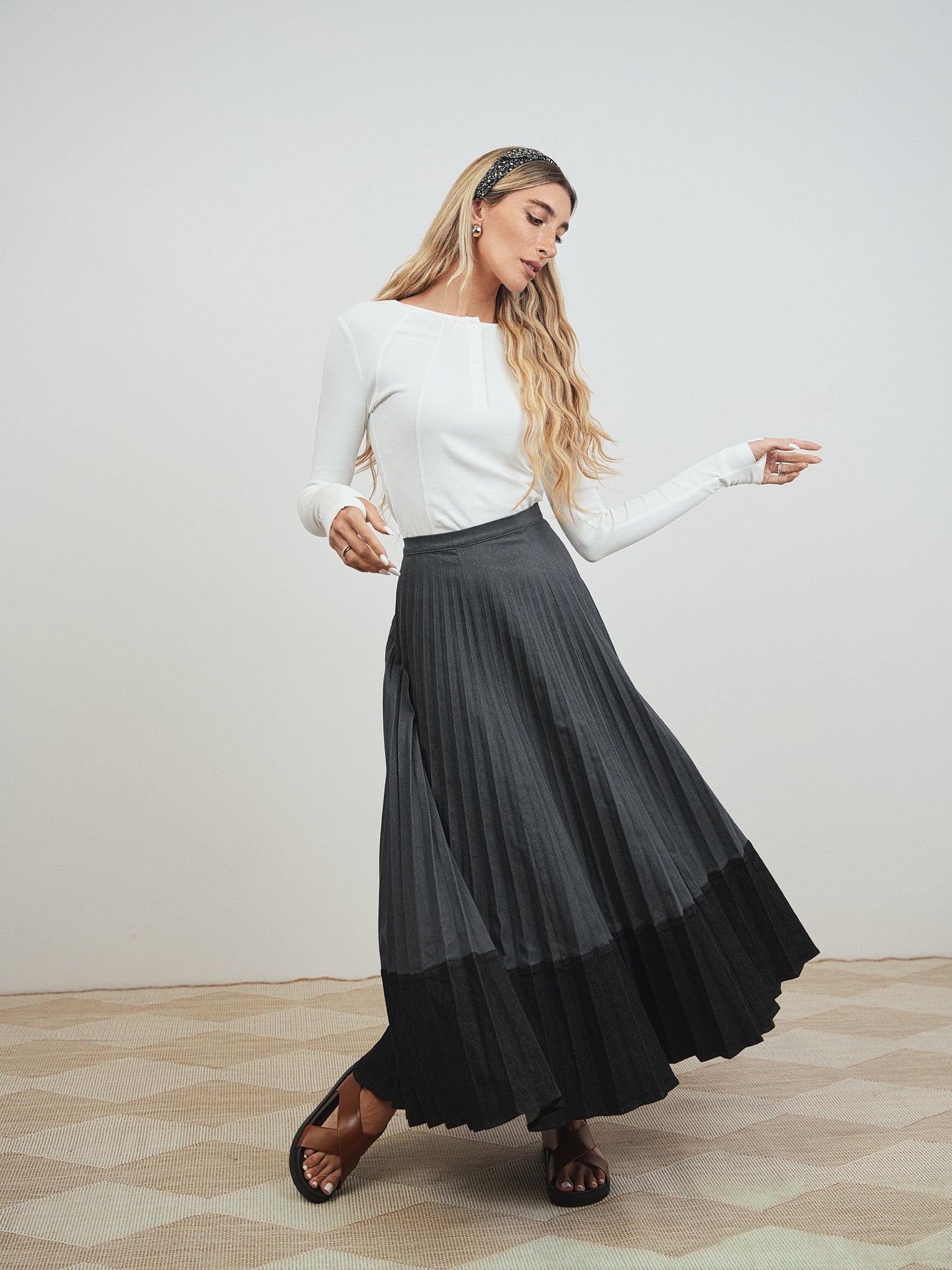 Colorblock Pleated Denim Skirt - Long – udelny.com