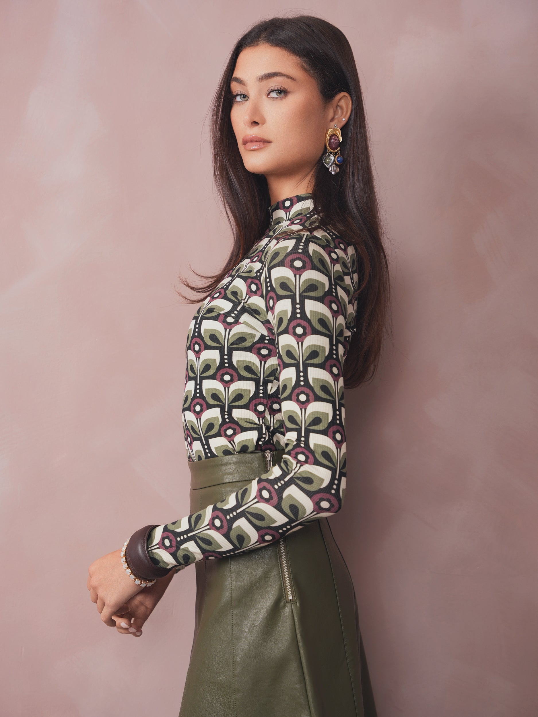 Print Rib Mock Neck