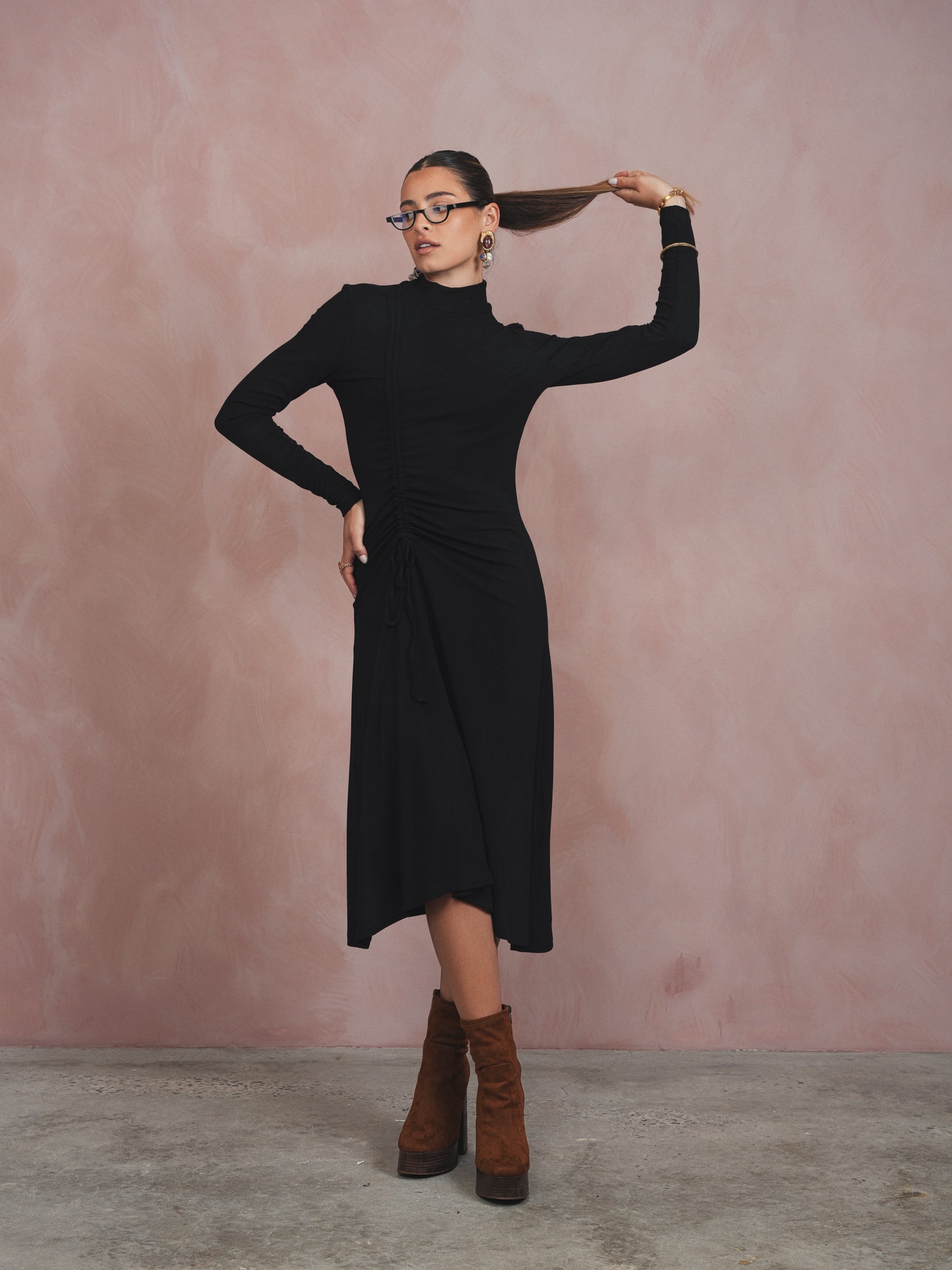 Mock Neck Ruched Dress – udelny.com
