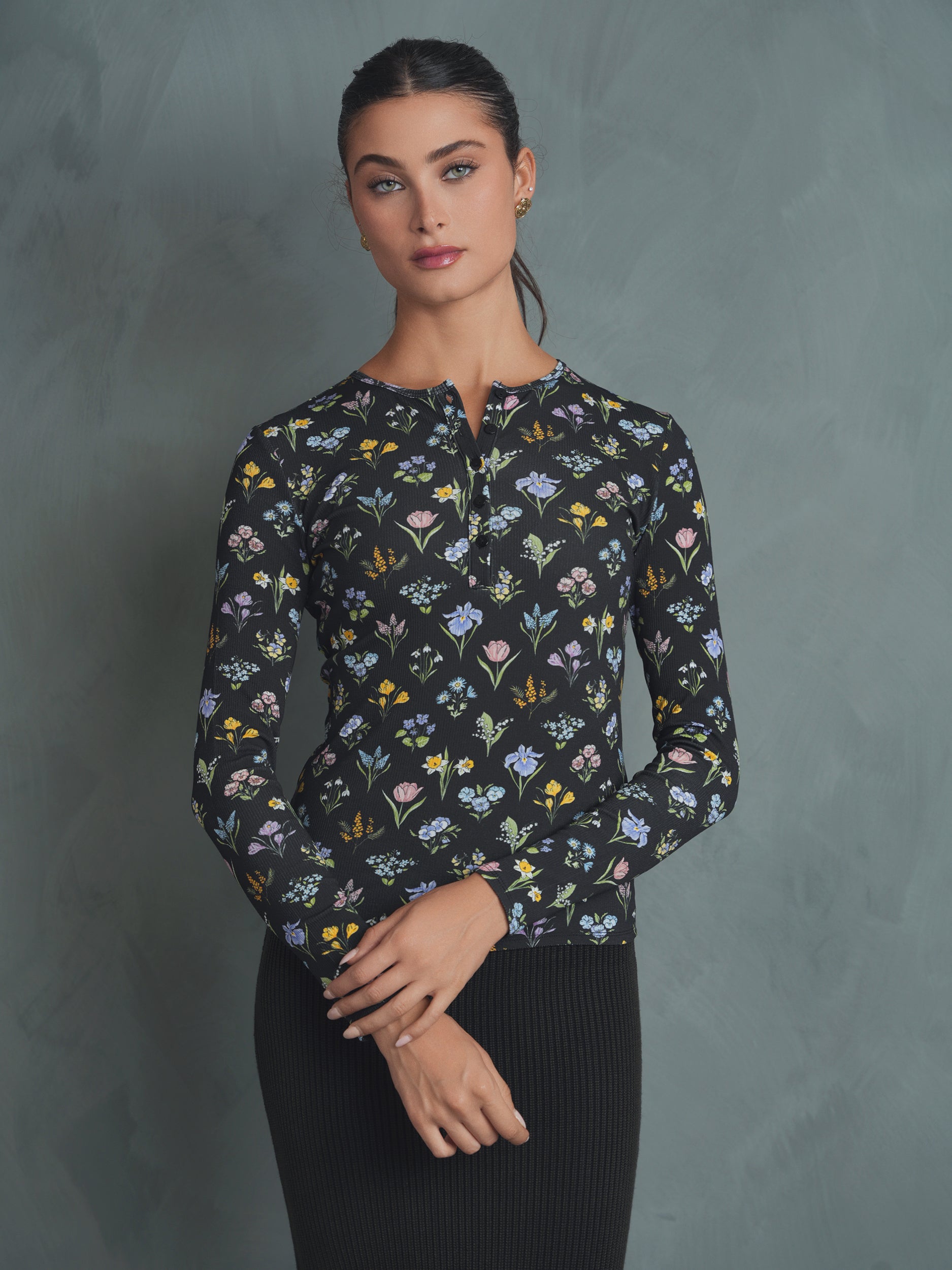 Henley Print Rib Top