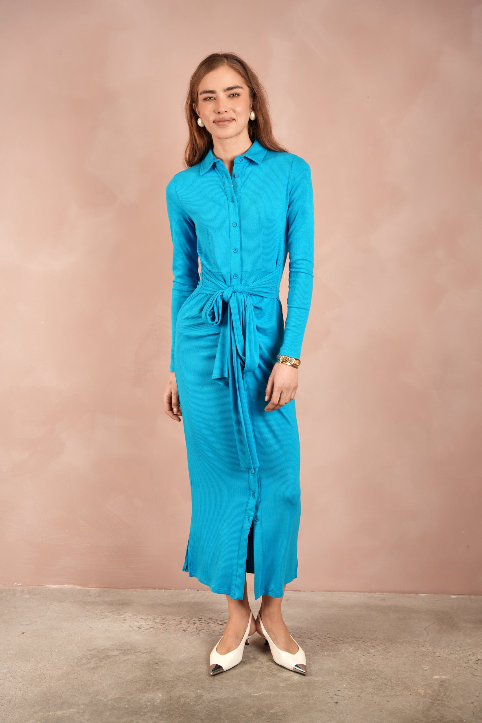 Soft Rib Ruched Collar Dress –