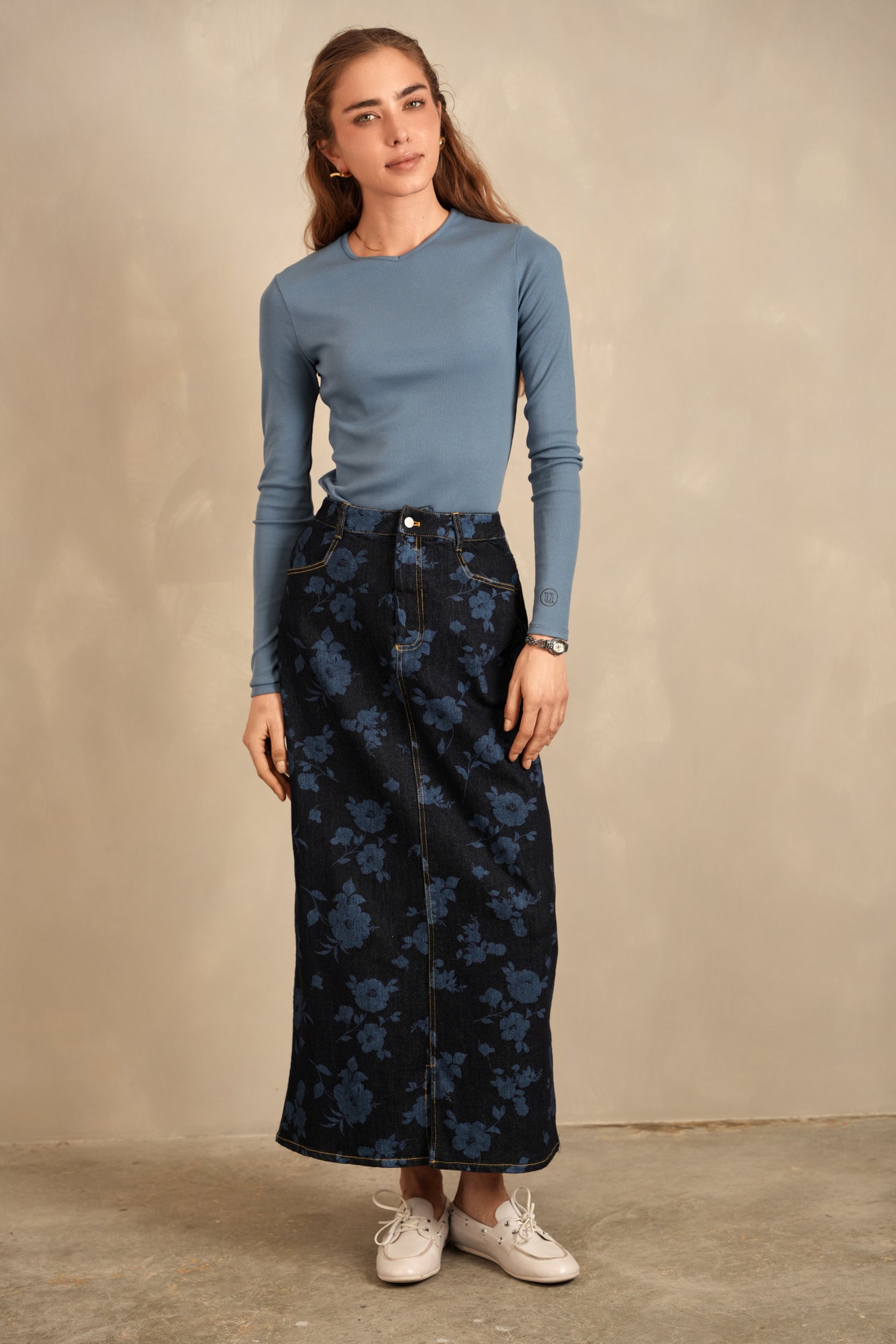 Printed Slit Denim Skirt