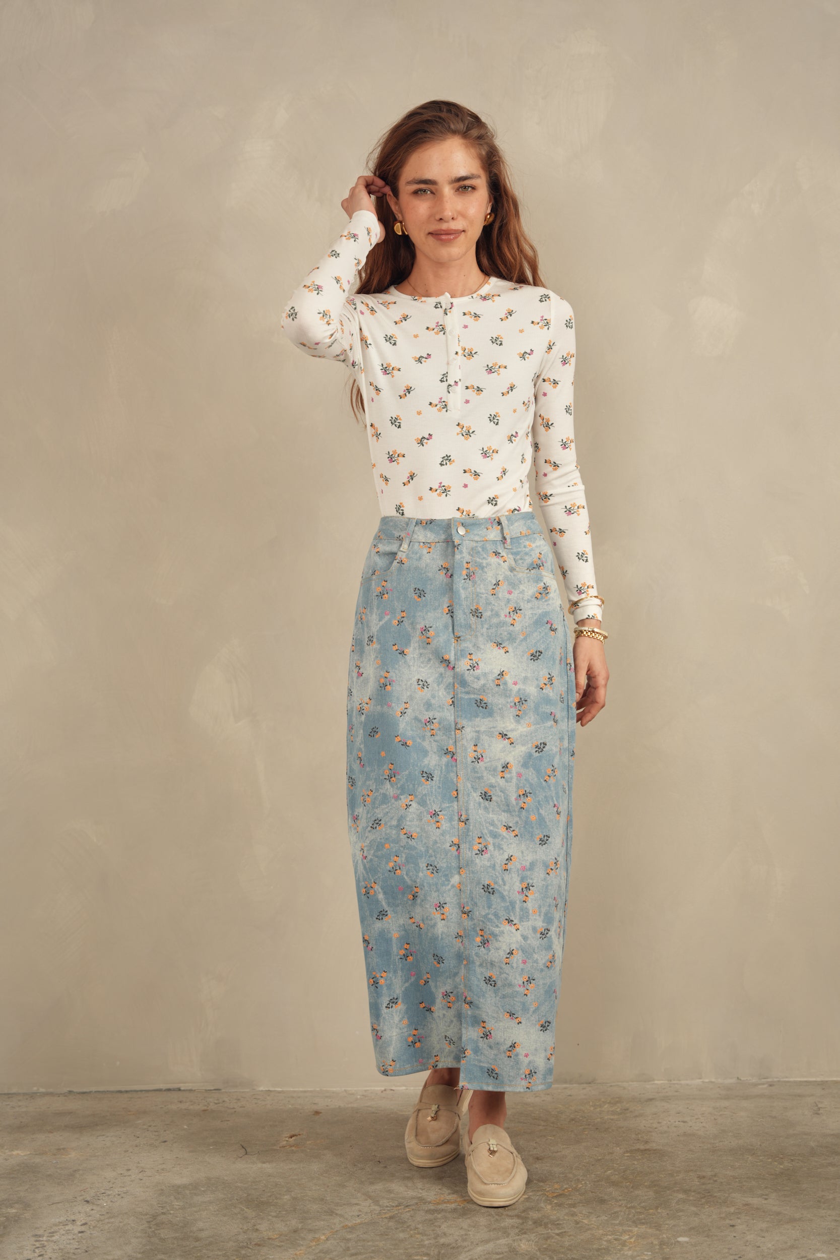Printed Slit Denim Skirt