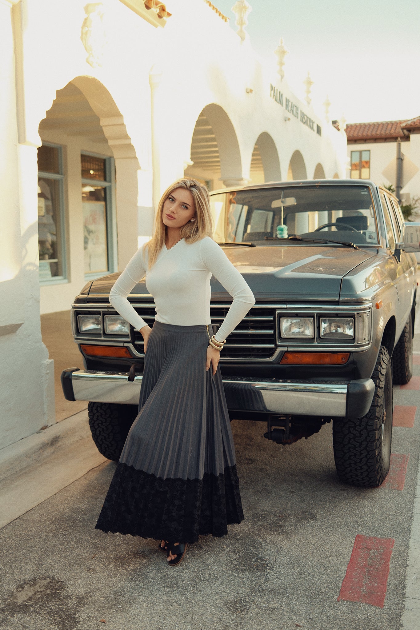 Lace Pleated Denim Skirt - Maxi