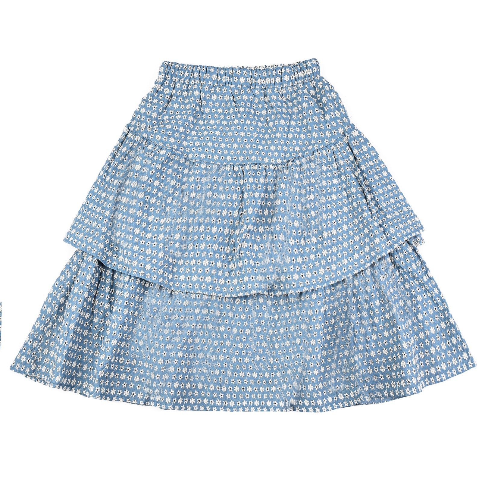 【Raucohouse】Tiered eyelet flare skirt White Eyelet Embroidered Layered Ruffle Trim Mid-Rise Boho