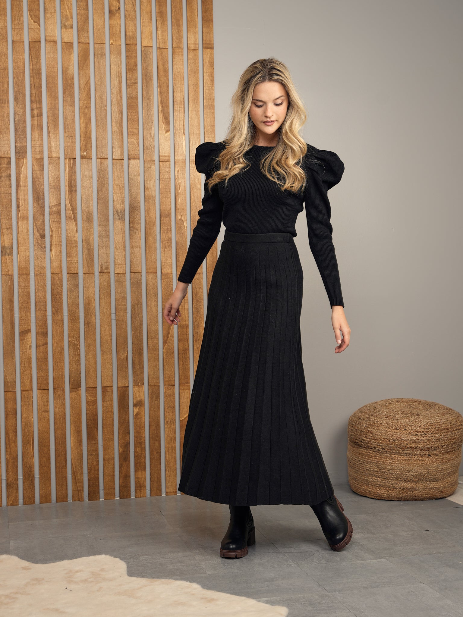 Black Knit Pleated Midi Skirt Pleated Soft Knit Maxi Skirt, Black